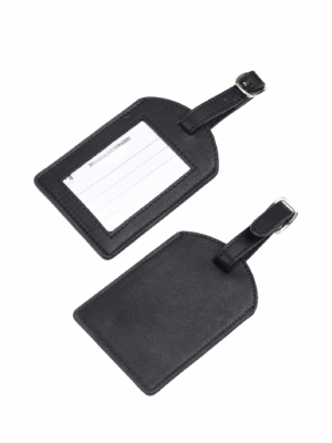 A photo of black leather bag tag.