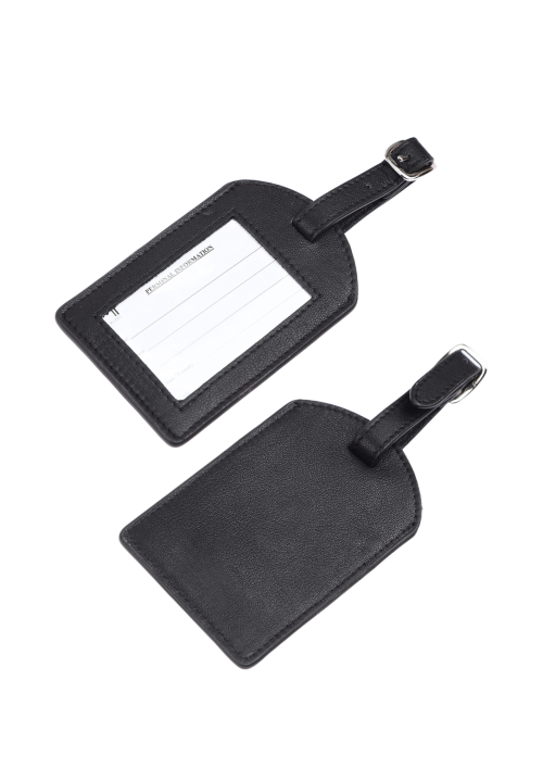 A photo of black leather bag tag.