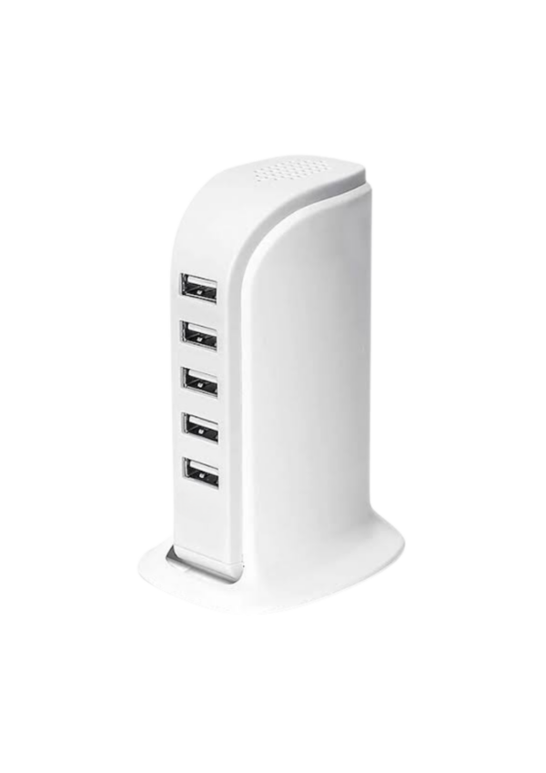 White USB cellphone charger with five ports.
