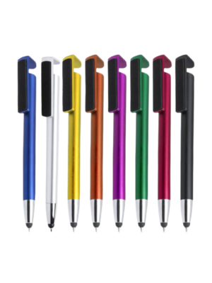 A photo of ballpoint pen with phone holder and screen cleaners in colors (from left to right), blue, white, yellow, orange, purple, green, red and black.