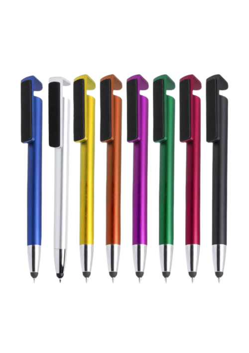 A photo of ballpoint pen with phone holder and screen cleaners in colors (from left to right), blue, white, yellow, orange, purple, green, red and black.