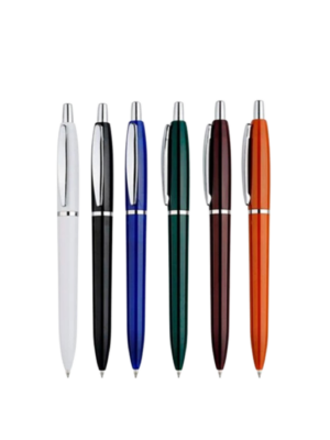 A photo of plastic click pens (from left to right), in color white, black, blue, green, red and orange.