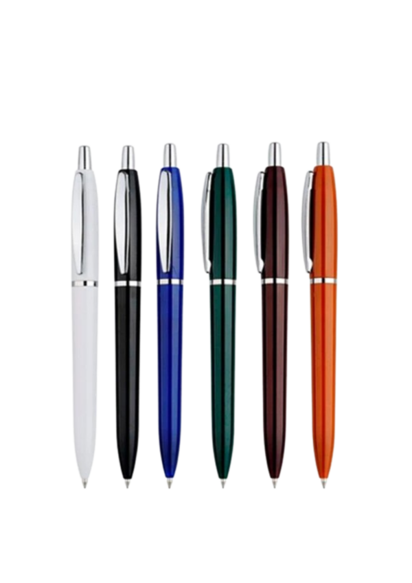 A photo of plastic click pens (from left to right), in color white, black, blue, green, red and orange.