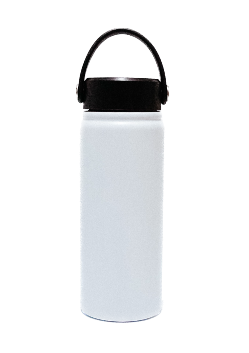 White vacuum flask with handle.
