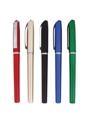A picture of sign pens in color (from left to right) red, rose gold, black, blue and green.