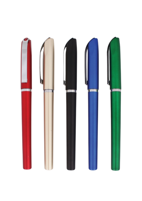 A picture of sign pens in color (from left to right) red, rose gold, black, blue and green.