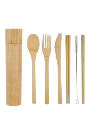 A photo of bamboo cutlery set with a bamboo case.