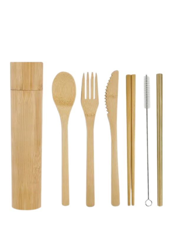 A photo of bamboo cutlery set with a bamboo case.