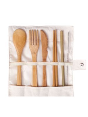 A photo of bamboo cutlery set in a katcha bag.