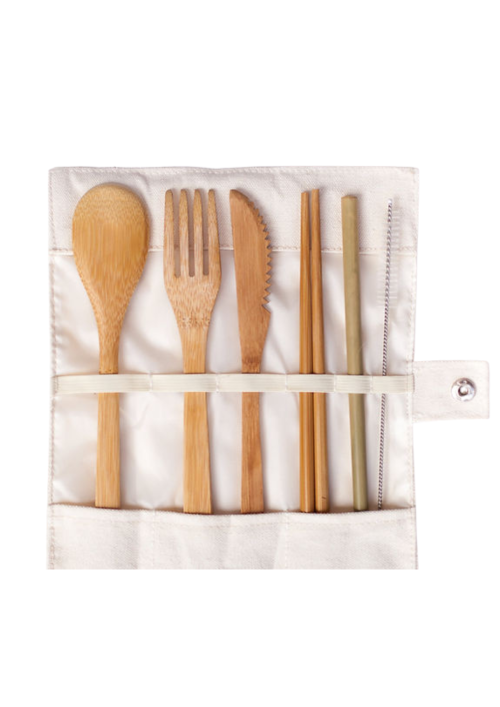 A photo of bamboo cutlery set in a katcha bag.