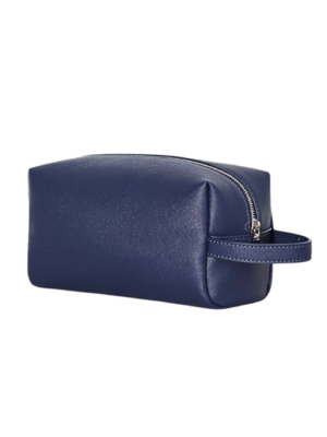 A photo of blue leather pouch with handle.