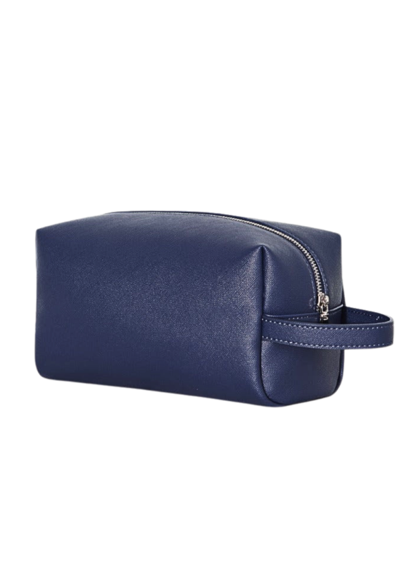 A photo of blue leather pouch with handle.