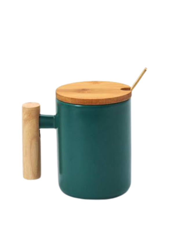Green ceramic mug with bamboo lid and stirrer.