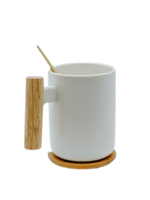 White ceramic mug with bamboo lid and stirrer.