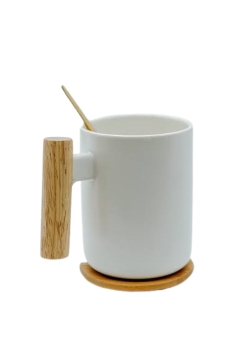White ceramic mug with bamboo lid and stirrer.