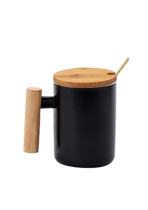 Black ceramic mug with bamboo lid and stirrer.