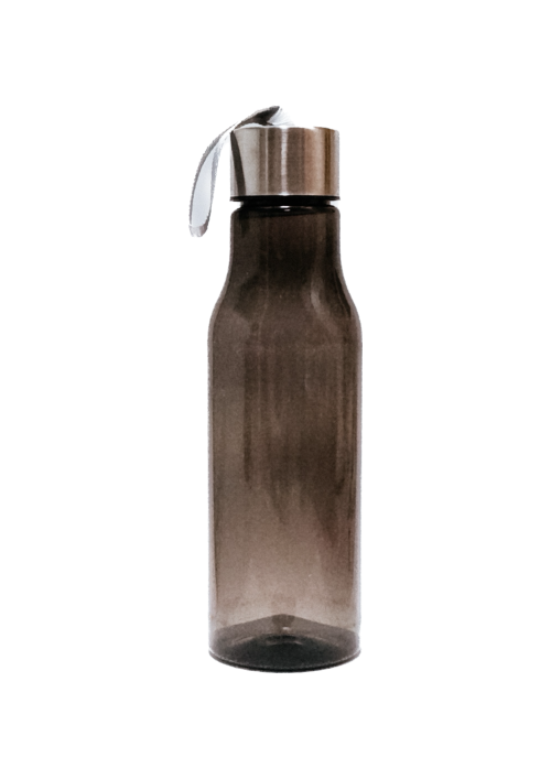 Black platic bottle with lid.