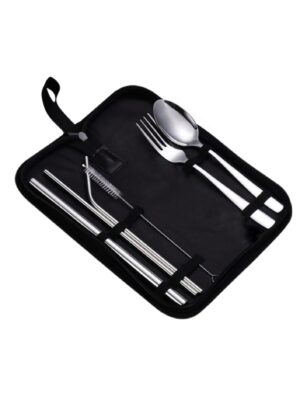 A picture of an opened metal cutlery set.