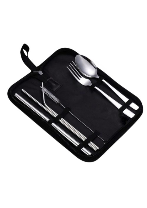 A picture of an opened metal cutlery set.