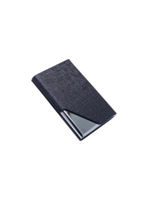 A photo of a black business card holder.