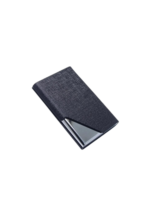 A photo of a black business card holder.