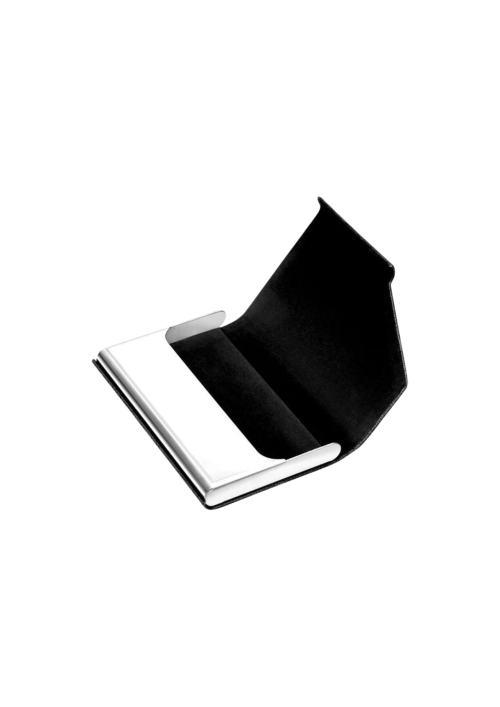 A photo of an open business card holder with a leather and silver chrome design.
