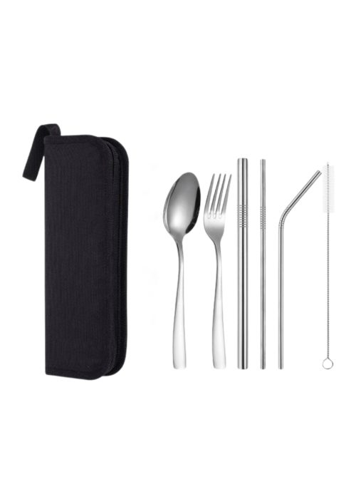 A photo of metal cutlery set with black case.