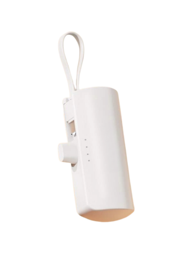 A photo of white powerbank with built-in cable and stand.