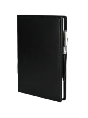 Black notepad with black pen.