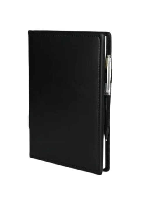 Black notepad with black pen.