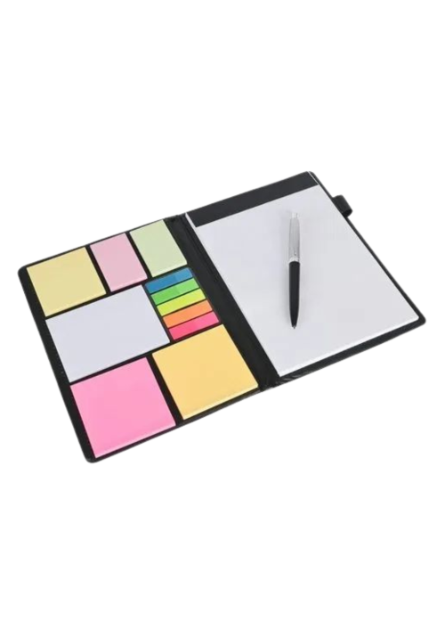 A photo of an opened black notepad with stick notes and pen.