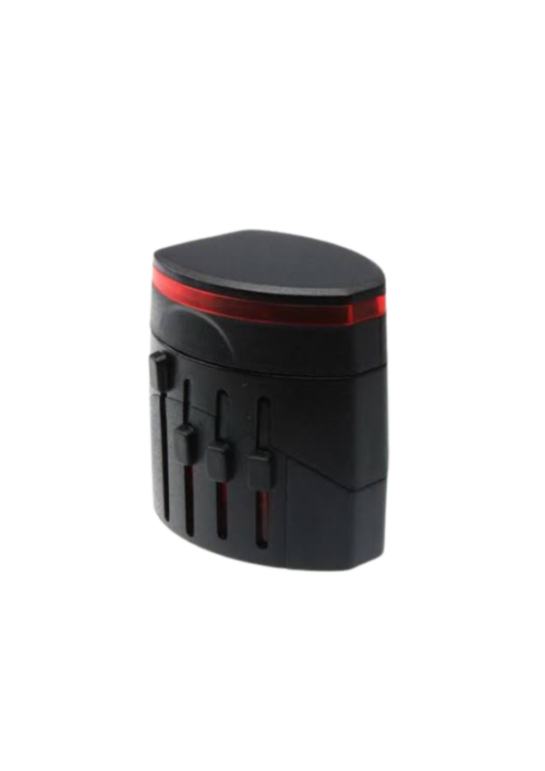 Universal travel adaptor in black.