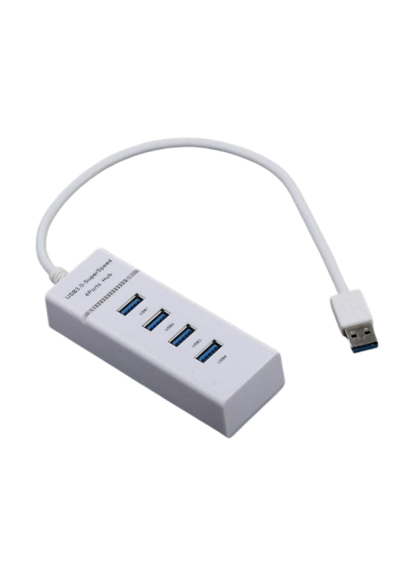 A photo of white USB hub with four ports.