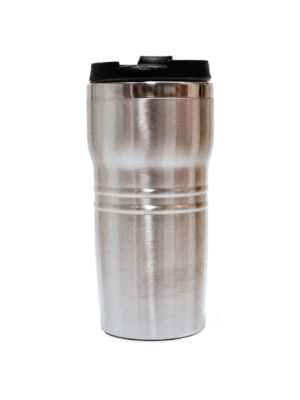 Stainless tumbler with black lid.