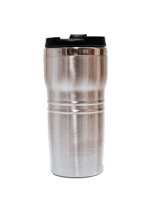 Stainless tumbler with black lid.