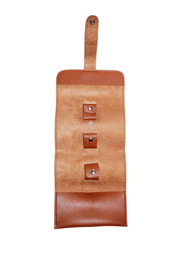 PREMIO PRODUCTS - 89 A sample photo of an opened brown leather cord oganizer.