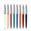 Parker Jotter Pens Original collection in colors (from left to right), white, yellow, pink, green, blue, orange, red and black.