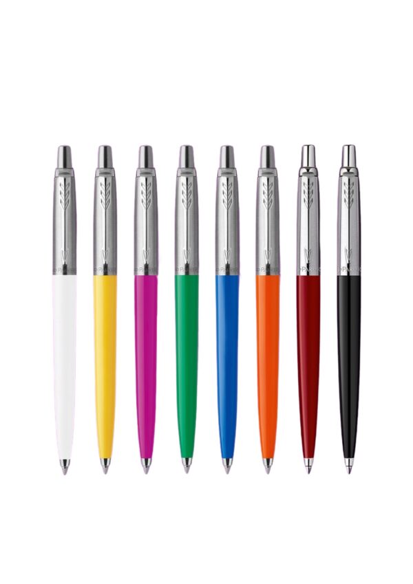 Parker Jotter Pens Original collection in colors (from left to right), white, yellow, pink, green, blue, orange, red and black.