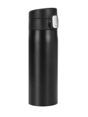 Black vacuum flask with silver lock.