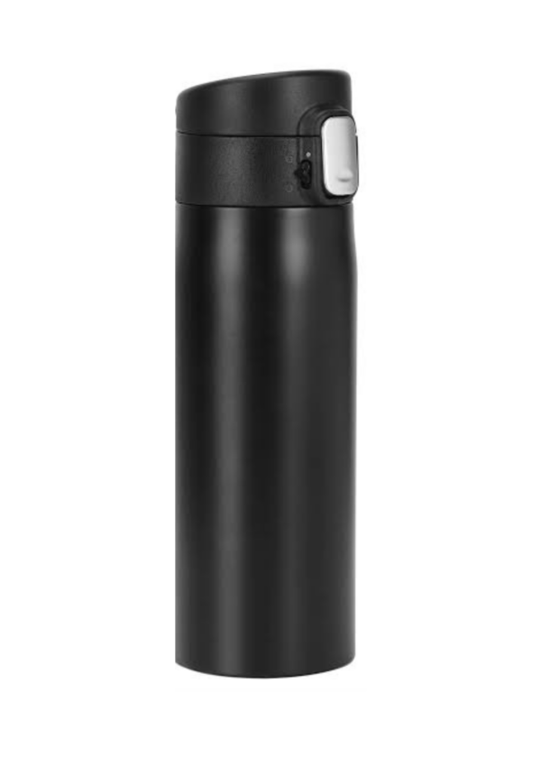 Black vacuum flask with silver lock.
