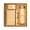 Bamboo notebook, bamboo pen and bamboo flash drive in a brown rigid box.