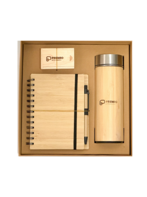 Bamboo notebook, bamboo pen and bamboo flash drive in a brown rigid box.