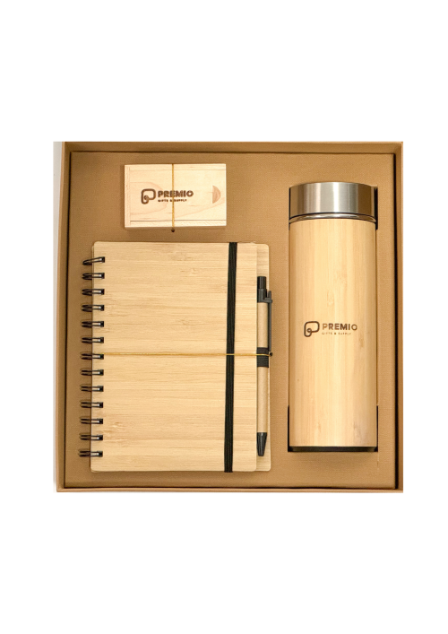 Bamboo notebook, bamboo pen and bamboo flash drive in a brown rigid box.
