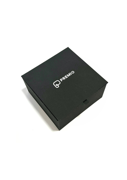 Small rigid box with stamp logo.