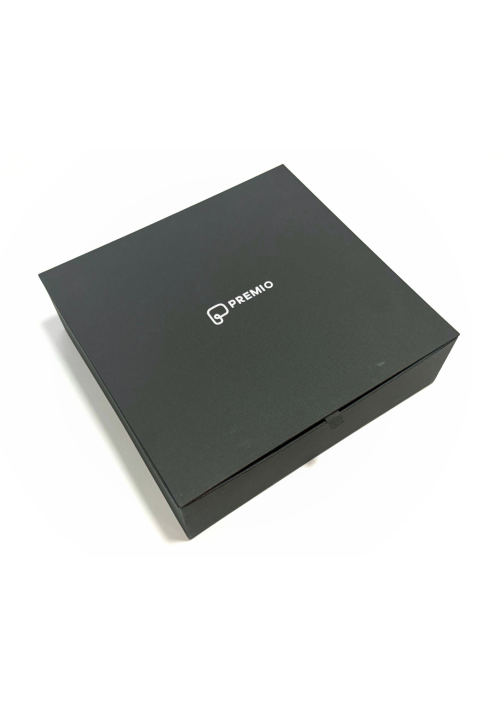 Large rigid box with Premio logo stamp.