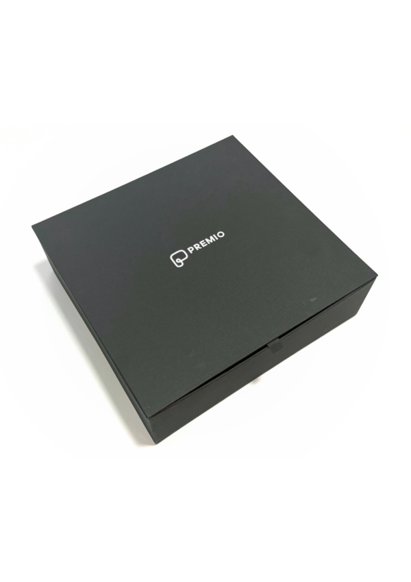 Large rigid box with Premio logo stamp.