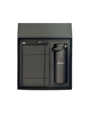 Notebook, tumbler and sign pen in a rigid box.