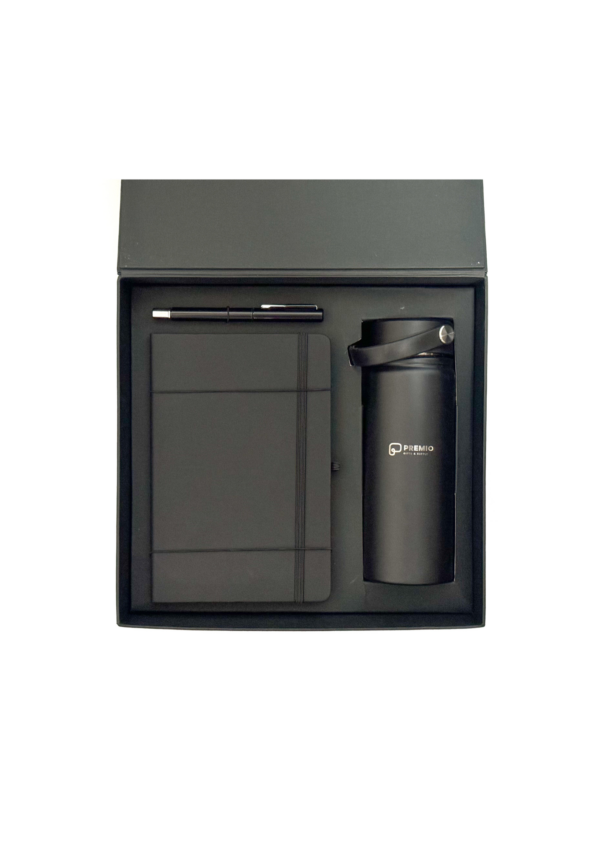 Notebook, tumbler and sign pen in a rigid box.