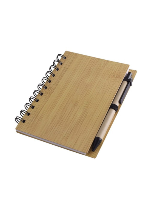 A sample photo of a bamboo notebook with a pen.