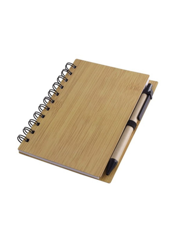 A sample photo of a bamboo notebook with a pen.